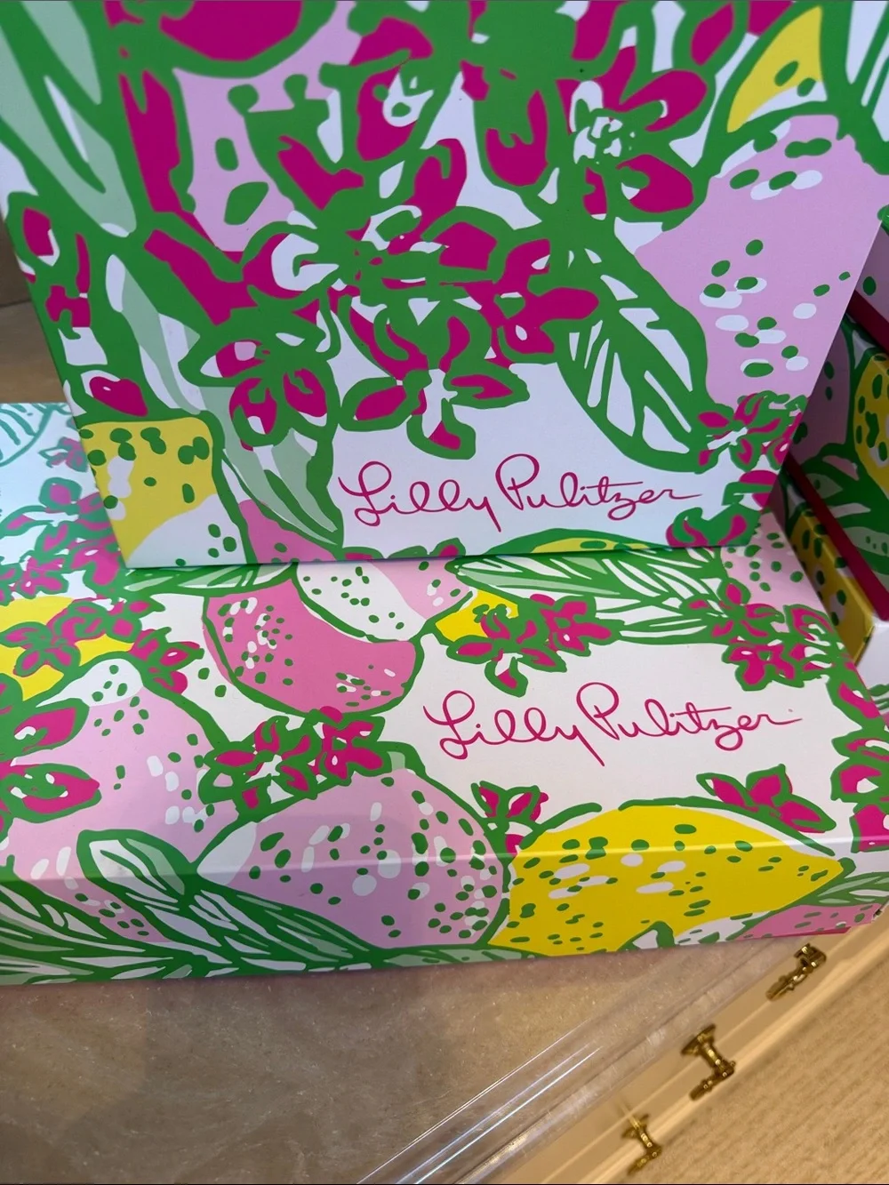 Lilly Pulitzer Set Of 5 Floral Gift Boxes In Pink, Yellow, And Green